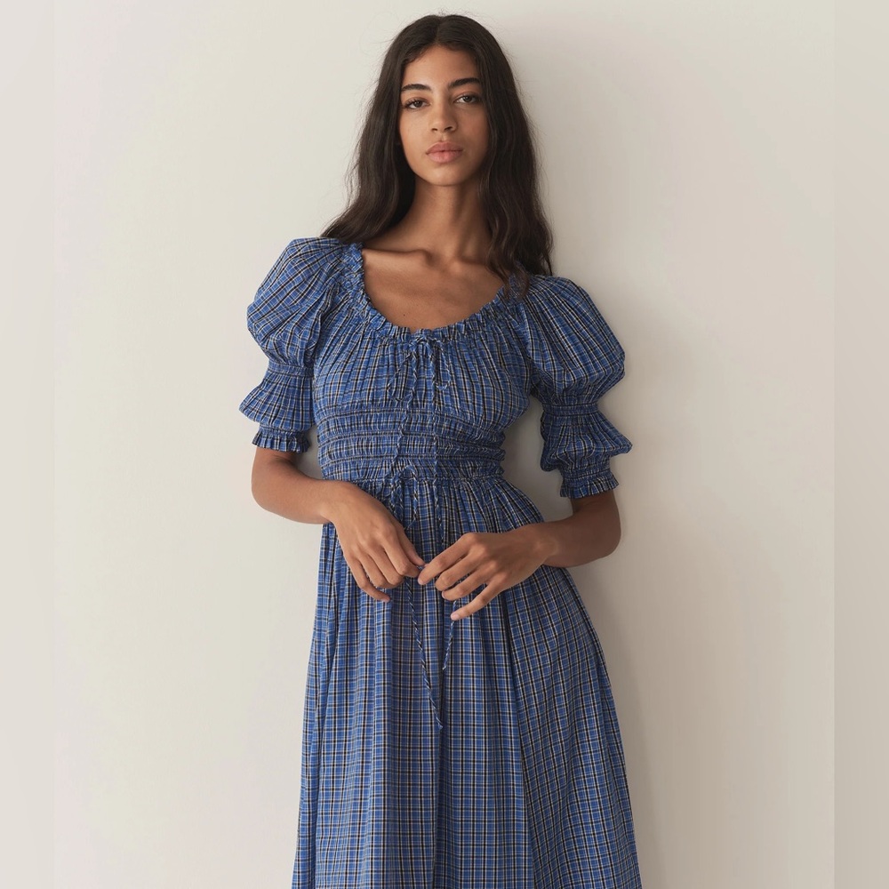 Dôen Ischia Check Smocked Midi-Dress in Cassis Check nwt